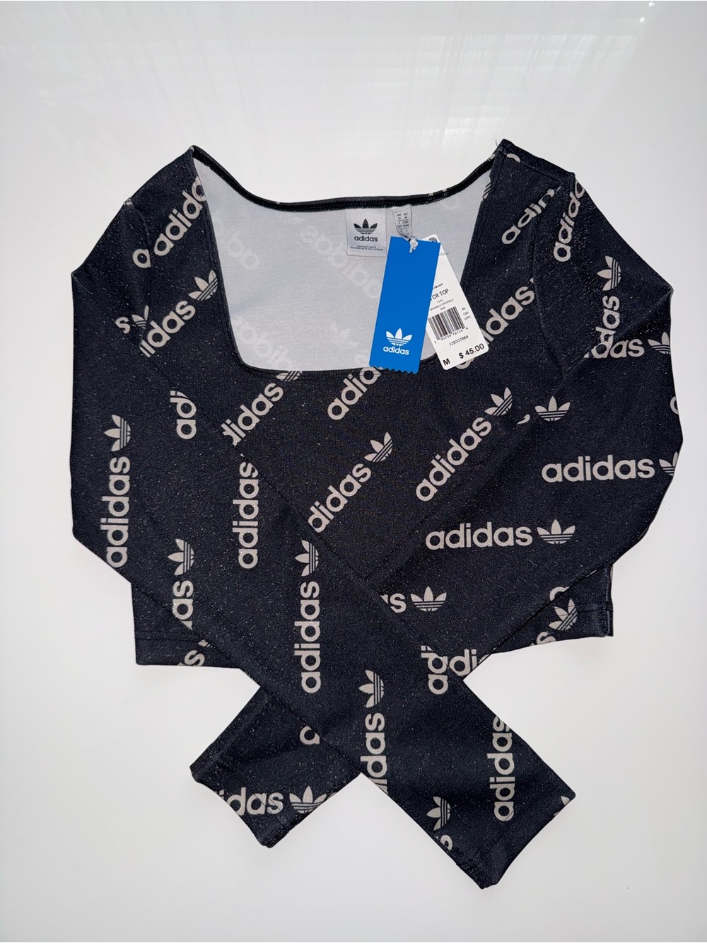 adidas Black Logo All-Over Print Long Sleeve Crop Top